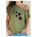Cute Dog Footprint Sequined Cold Shoulder Short Sleeve Casual Loose Tee
