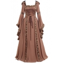 Vintage Square Neck Bell Long Sleeve Lace-Up Front Maxi Floor Length Dress