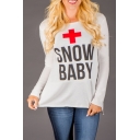 Popular Cross Letter SNOW BABY Pattern Round Neck Long Sleeve Split Side Beige Sweatshirt