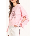 Cartoon Dog Letter STAY CUTE Embroidery Hollow Ruffled Long Sleeve Pink Sweatshirt