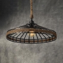 Conical Cage Restaurant Pendant Light Metal & Rope 1 Light American Rustic Pendant Lamp in Beige