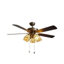 36/42 Inch Antique Beige Semi Flushmount Light Bell 5 Heads Glass Ceiling Fan with Pull Chain for Dining Room