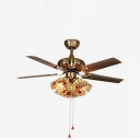 Glass Floral Semi Ceiling Mount Light 3 Heads Rustic Pull Chain/Remote Control/Wall Control Ceiling Fan for Bedroom
