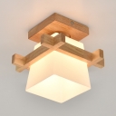 Asian Stylish Trapezoid Flushmount Light Wood 1 Head Beige Ceiling Lamp for Shop Dining Room