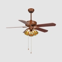 Remote Control LED Ceiling Fan with Pull Chain 3 Lights Antique Style Wood Semi Flush Ceiling Light for Bedroom