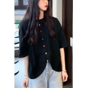Womens Casual Loose Chic Colorful Button Front Round Neck Cotton Blouse Top