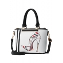 Stylish High Heel Stripe Printed White PU Leather Zipper Satchel Handbag 23*12*19 CM