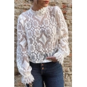 Women's New Stylish Simple Plain Stand Collar Long Sleeve Sheer Lace Blouse Top