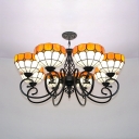 Yellow Dome Shade Chandelier 8 Lights Tiffany Style Rustic Glass Pendant Light for Living Room