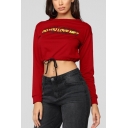 DO YOU LOVE ME Letter Red Round Neck Long Sleeve Crop Sweatshirt with Drawcord