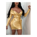 Womens Sexy V-Neck Long Sleeve Tied Waist Split Side Metallic Color Mini Short Night Club Dress