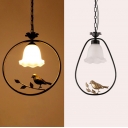Traditional Flower Pendant Light with Bird & Circle/Oval Ring Frosted Glass Hanging Lamp for Balcony