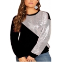 Hot Fashion Women's Round Neck Long Sleeve Colorblock Sequined Patched Sweatshirt