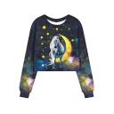 Navy Galaxy Moon Star Unicorn Printed Round Neck Long Sleeve Cropped Sweatshirt