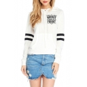 Simple Letter WHISKEY Printed Striped Long Sleeve White Basic Hoodie