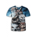 Trendy Night Owl 3D Printed Short Sleeve Round Neck Blue T-Shirt