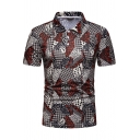 Mens Summer Fancy Tribal Printed Three-Button Front Short Sleeve Slim Fit Polo Shirt