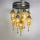 Restaurant Curved Shade Chandelier Wrought Iron 9 Lights Antique Style Brass Hanging Light