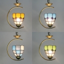 1 Head Grid Dome Pendant Lamp Tiffany Style Vintage Glass Hanging Light for Living Room