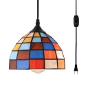 1 Light Grid Bowl Hanging Light Tiffany Style Stained Glass Ceiling Pendant with Plug In Cord for Stair