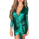 Womens Cool Metallic Color Sexy Surplice V-Neck Long Sleeve Tied Waist Mini Ruched Bodycon Wrap Dress Club Dress