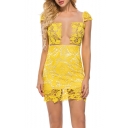 Womens Chic Sexy Sheer White Mesh Panel Round Neck Cap Sleeve Open Back Mini Bodycon Yellow Lace Dress