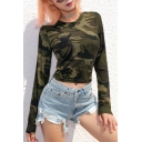 Womens Hot Popular Camo Printed Round Neck Long Sleeve Hollow Out Back Cropped T-Shirt