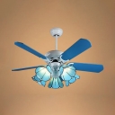 5 Lights Cone Ceiling Fan with 5 Blade Mediterranean Glass LED Semi Flushmount Light in Blue for Bedroom