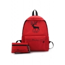 Trendy Letter Elk Printed Canvas Zipper School Bag Backpack 28*13*39 CM
