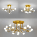 Glass Spherical Semi Flush Ceiling Light with Crystal 6/15/20 Lights Contemporary Ceiling Fixture in Gold for Study Room