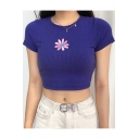 Girls Chic Simple Floral Embroidery Round Neck Short Sleeve Slim Fit Crop Knit T-Shirt