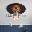 Space Ship Kid Bedroom Ceiling Light with Astronaut Metal Creative Modern Semi Flush Light in Black