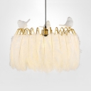 White Drum Hanging Light with Resin Bird 1 Bulb Rustic Style Feather Pendant Light for Living Room