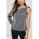New Fashion Pinstripe Pattern Cold Shoulder Tied Strap One Shoulder Black Casual Blouse