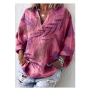 Summer Stylish Leaf Pattern V-Neck Long Sleeve Casual Loose Blouse for Women