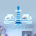 Nautical Style Blue Chandelier Ship 5 Lights Metal Hanging Lamp with Lighthouse for Nursing Room