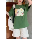 Girls Summer Cute Cartoon Elephant Print Round Neck Loose Casual T-Shirt