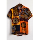 Hot Popular Orange Tribal Printed Mens Short Sleeve Half-Placket Loose Fit Shirt
