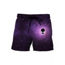 New Fashion 3D Galaxy Alien Printed Drawstring Waist Purple Summer Beach Swim Trunks