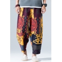 Chinese Style Vintage Printed Purple Cotton and Liner Wide Leg Pants for Men