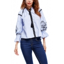 Womens Ethnic Style Embroidery Long Sleeve Blue Striped Blouse