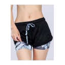 Womens Sport Fake Two-Piece Quick Drying Running Shorts Double Layered Mesh Yoga Shorts