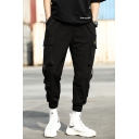 Men's Trendy Plain Multi-pocket Design Ribbon Embellished Drawstring Waist Black Cargo Pants
