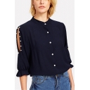 Womens Chic Beading Embellished Hollow Sleeve Plain Button Down Shirt Blouse