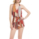 Womens Summer Fancy Hot Fashion V Neck Striped Print Halter Backless Sleeveless Tie-Self Button Front Beach Romper