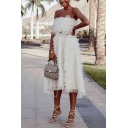 Womens New Trendy Designer Unique Strapless White Midi Layered Bandeau Dress