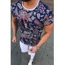 Mens Trendy Navy Floral Pattern Short Sleeve Fitted T-Shirt