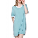 Summer New Trendy V Neck Short Sleeve Striped Side Mini T-Shirt Dress