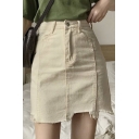 Summer Cool High Waist Plain Asymmetric Fringe Hem Pocket-Front Fitted Mini A-Line Skirt
