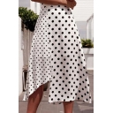 Hot Stylish White Polka Dot Split Tie Waist Asymmetric Hem Midi A-Line Skirt